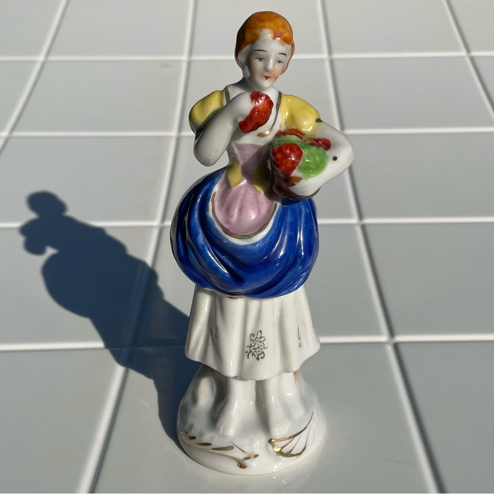 Occupied Japan Antique Hand-Painted Figurine - Colonial Lady Woman with Basket